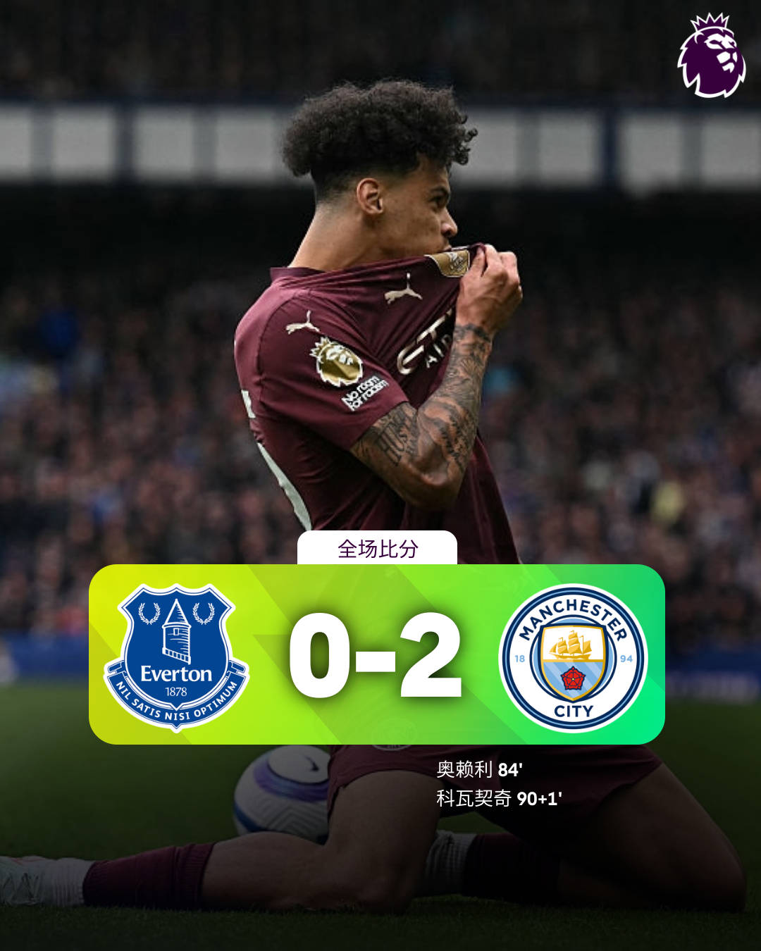 英超第33轮曼城客场2：0埃弗顿，曼城赢下争四关键战